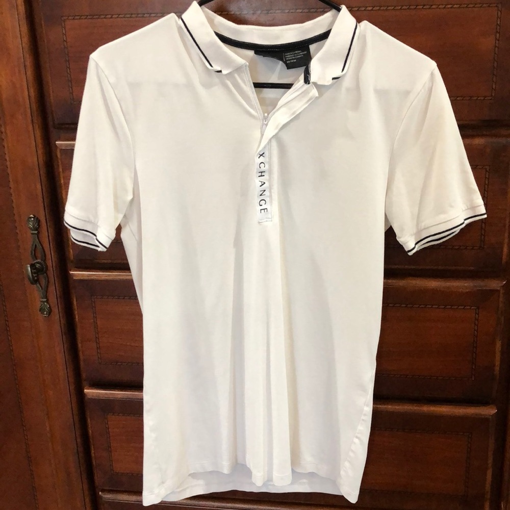 White Armani Exchange polo shirt.